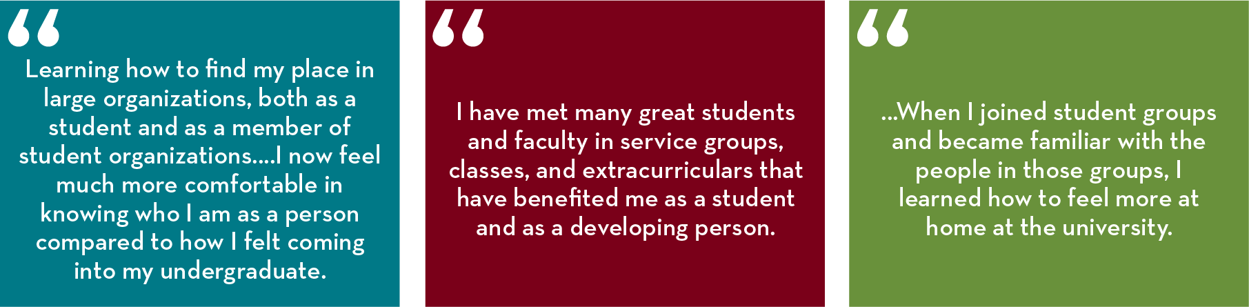 “Learning how to find my place in large organizations, both as a student and as a member of student organizations...I now feel much more comfortable in knowing who I am as a person compared to how I felt coming into my undergraduate.” “I have met many gre